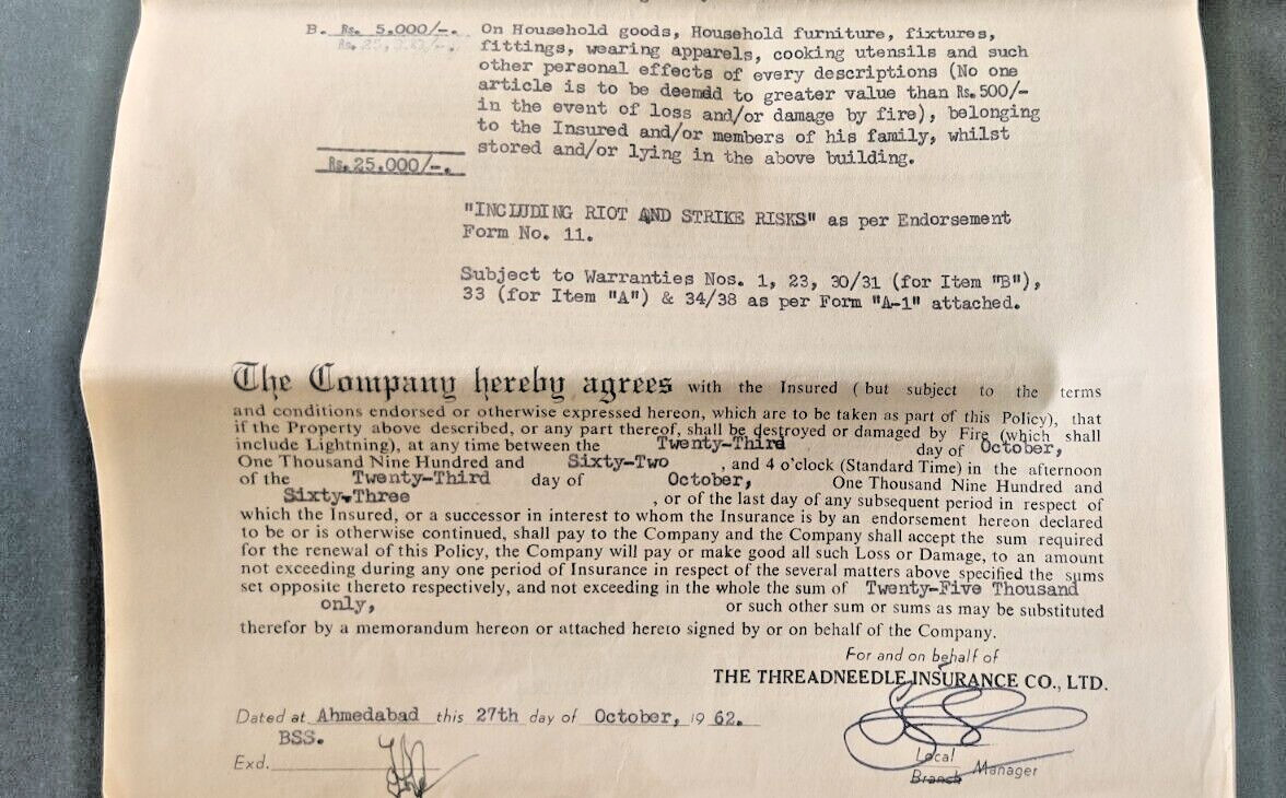 1962 THREADNEEDLE INSURANCE CO LTD fire Policy document vignette stamp India