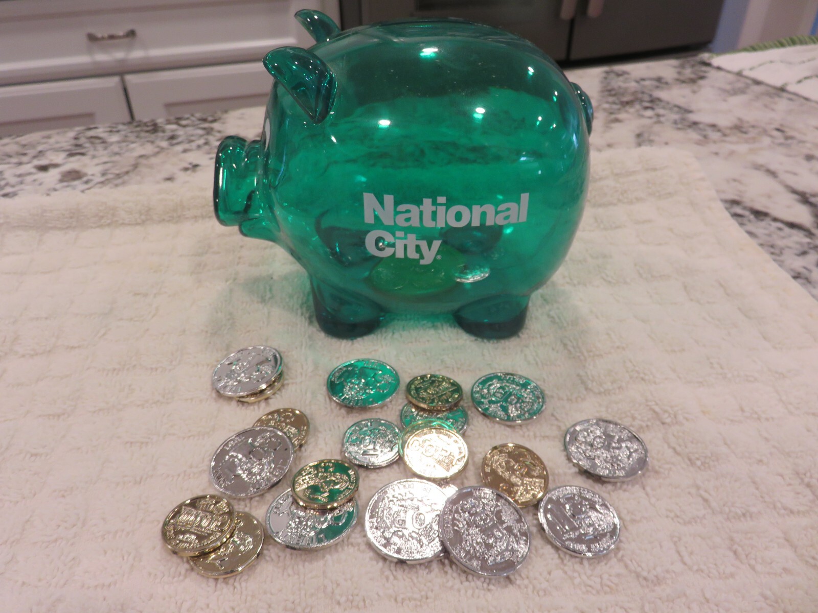 Vintage National City Bank Advertising 6″ Green Plastic Piggy Bank w/Toy Coins