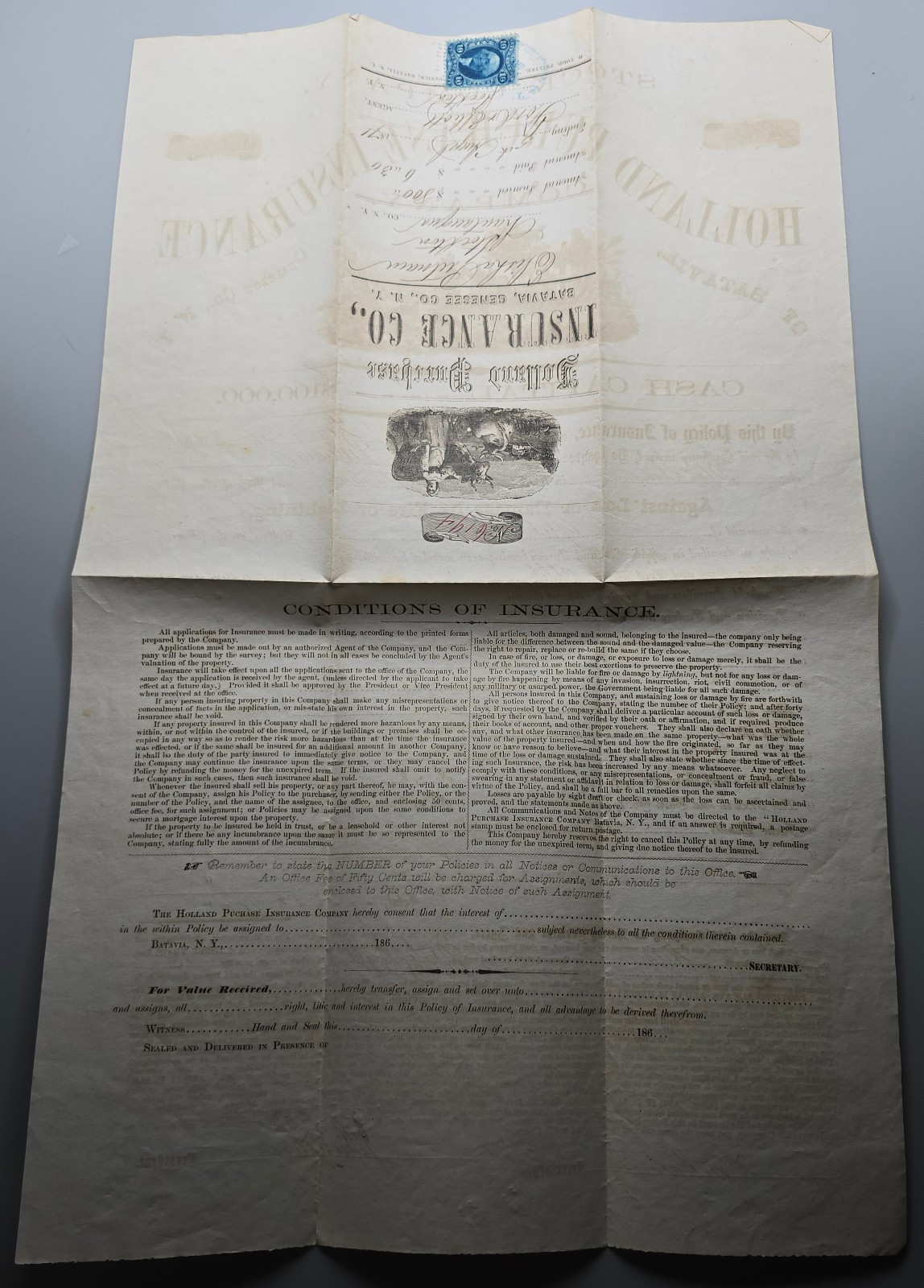 1871 Holland Purchase Insurance Policy Batavia NY – Fire Insurance Revenue Stmp
