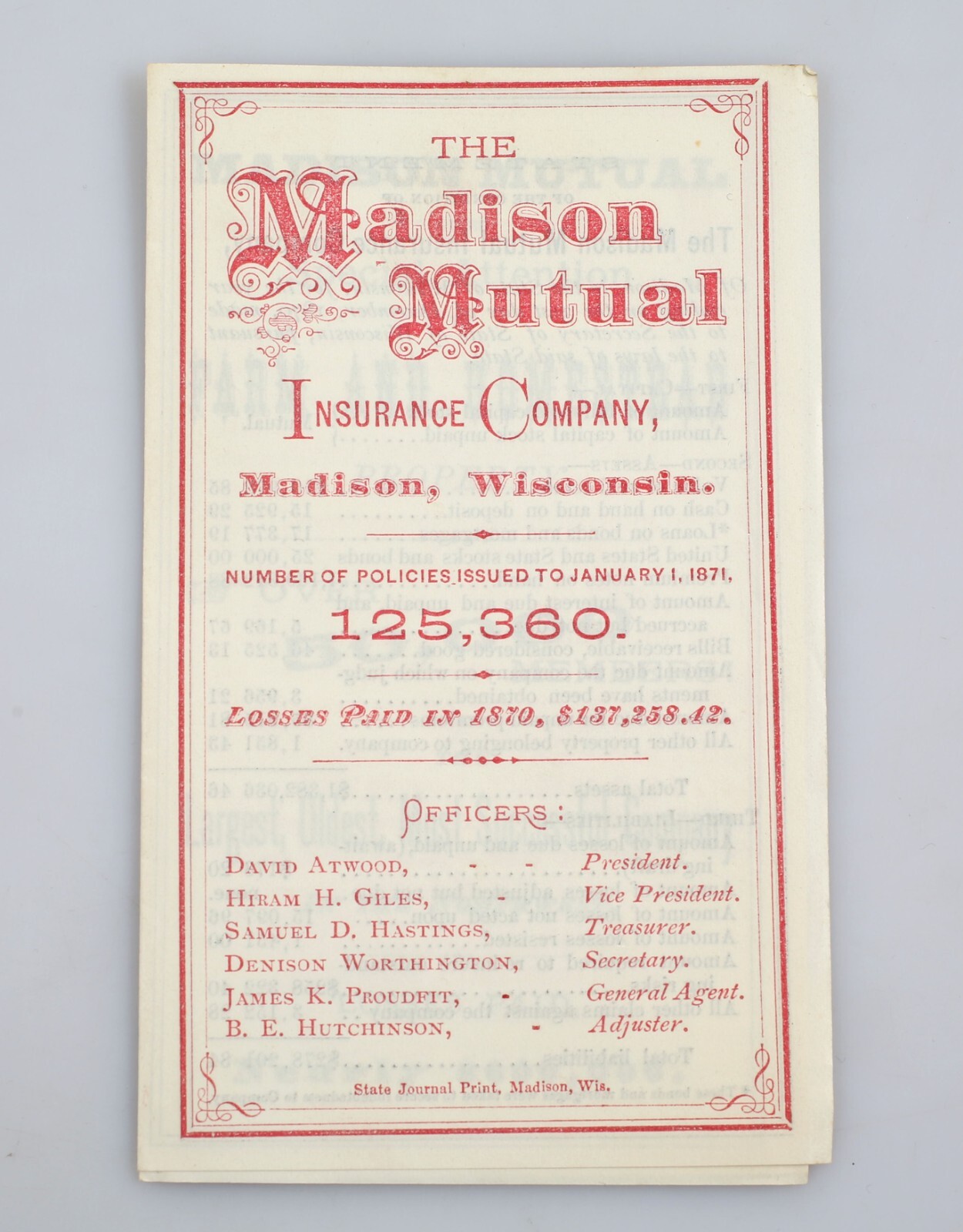 Antique 1871 Madison Mutual Insurance Co. Marketing Brochures & Policy