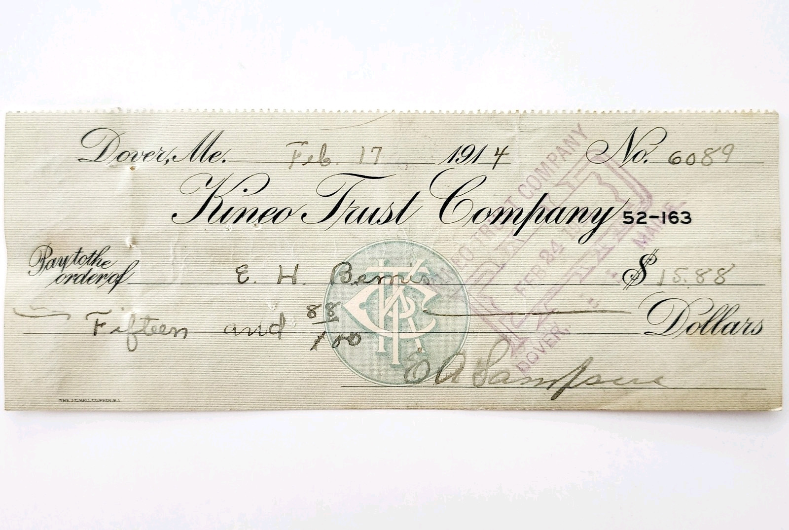 1914 Kineo Trust Company Bank Check E.A. Sampson Dover Maine Signed 6089 CHX11