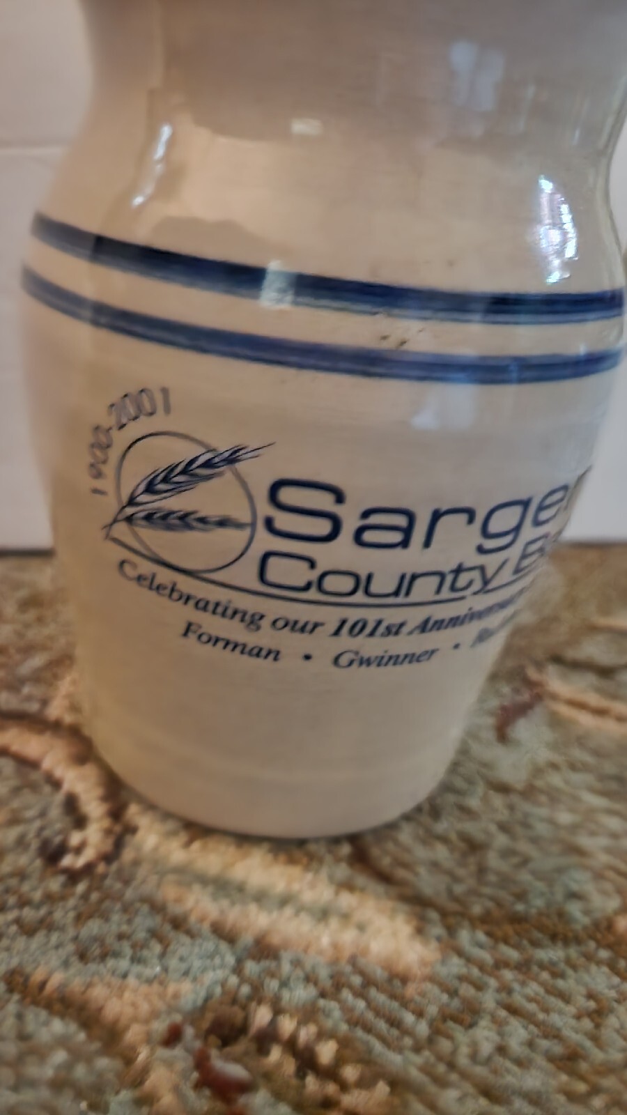 2001 Sargent County Bank Celebrating 101st Anniversary Stoneware Pitcher!