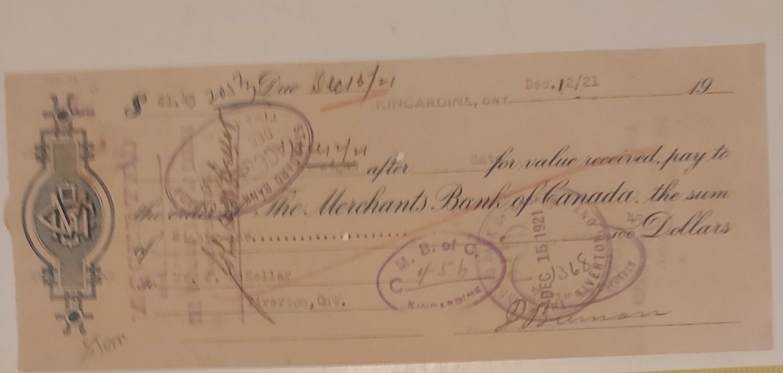 RARE DEC.1921 (KINCARDINE) “THE MERCHANT BANK OF CANADA – MONTREAL” BANK CHEQUE