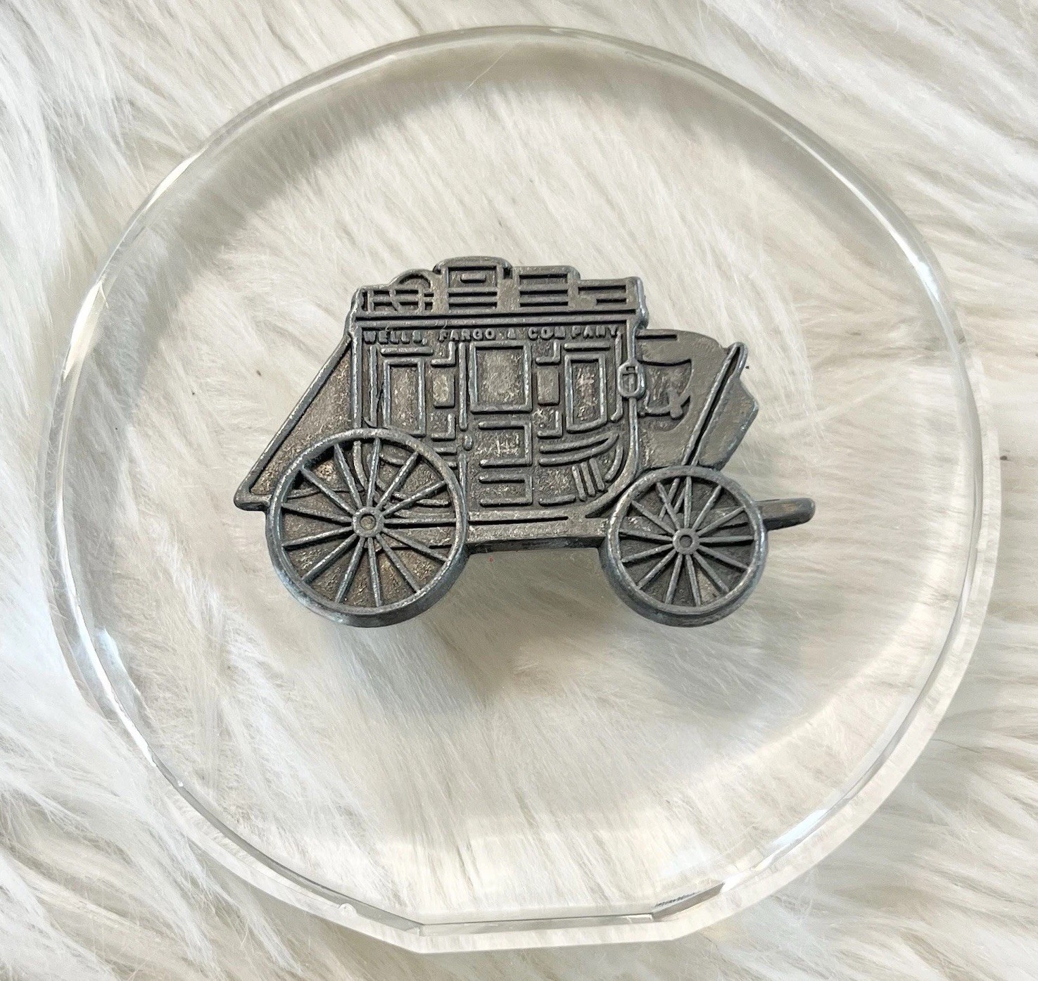 Wells Fargo & Company Stagecoach Paperweight Clear Acrylic Pewter Tone Western