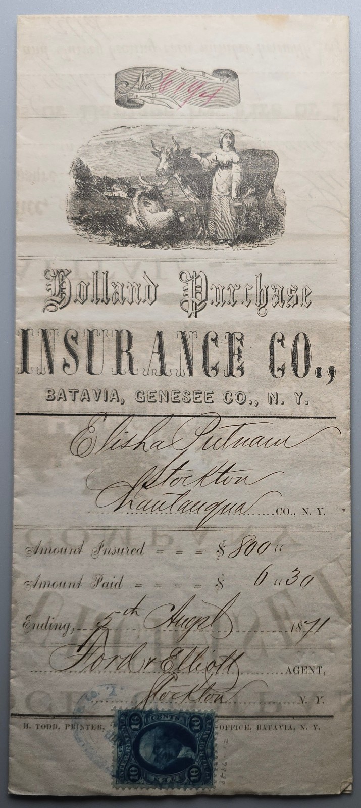 1871 Holland Purchase Insurance Policy Batavia NY – Fire Insurance Revenue Stmp