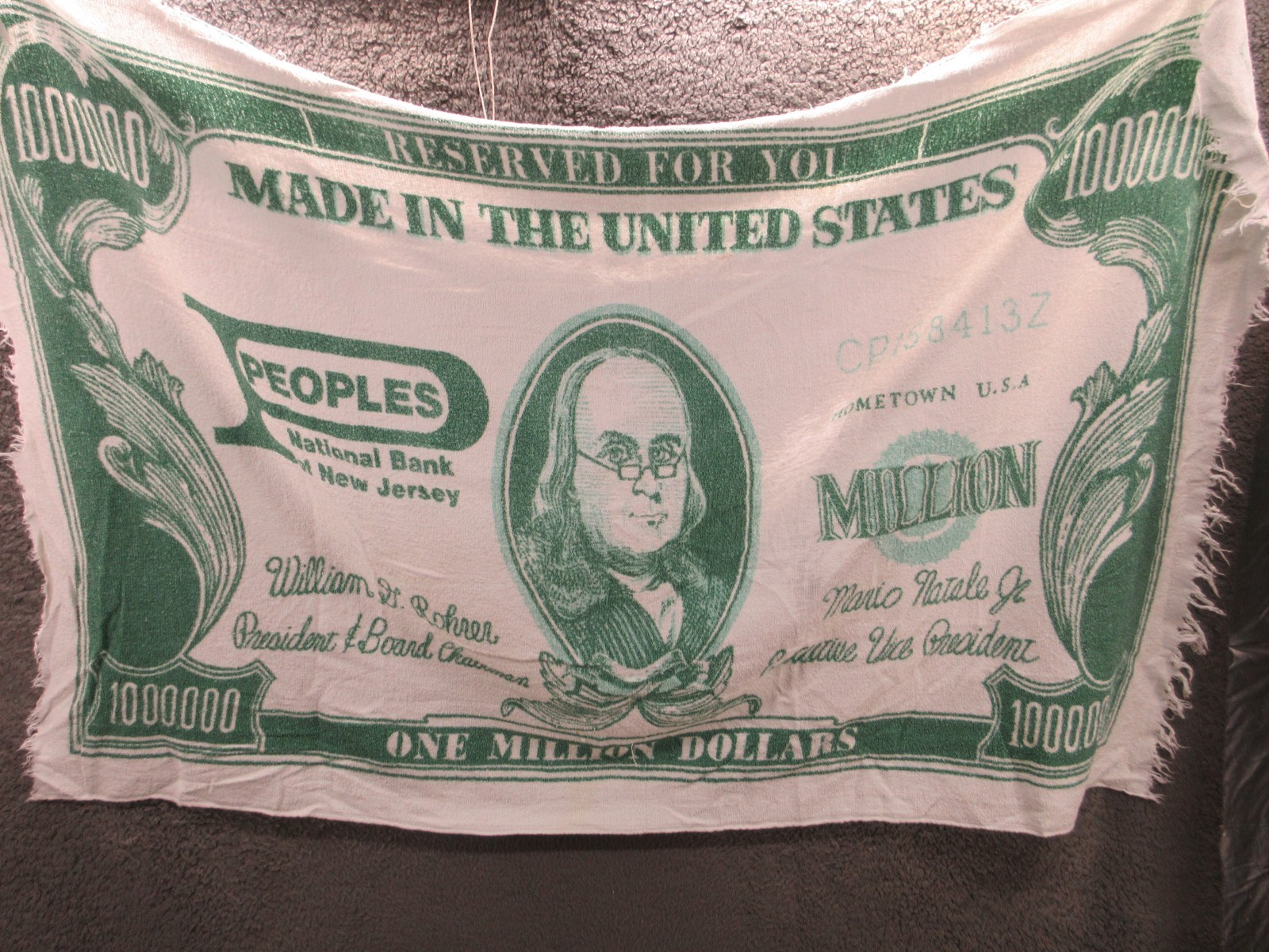 PEOPLES NATIONAL BANK OF NEW JERSEY NJ 1970s $1 Million Towel