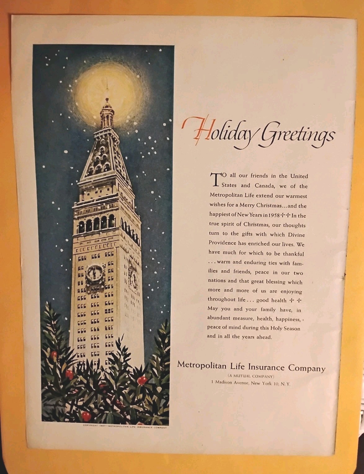 1958 Metropolitan Life Insurance “Holiday Greetings” Print Ad