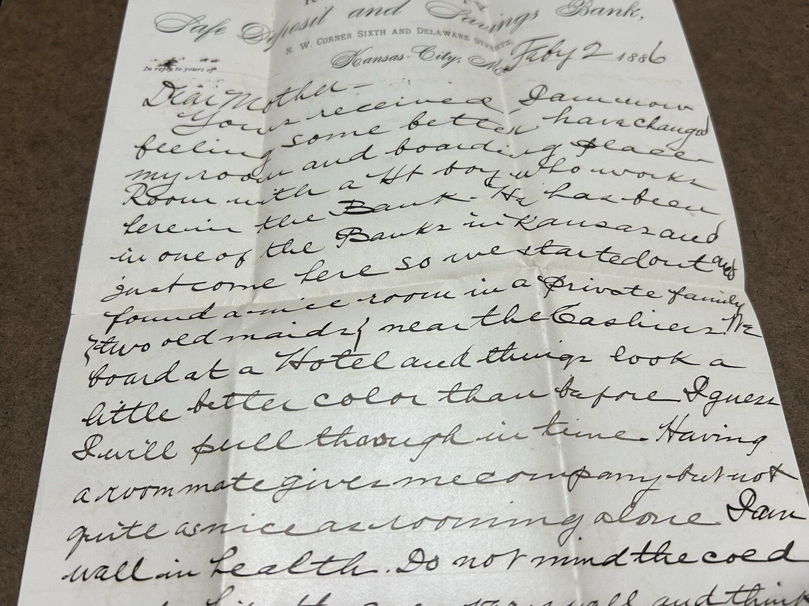 KANSAS CITY SAFE DEPOSIT AND SAVINGS BANK LETTER & ENVELOPE DATED 1886