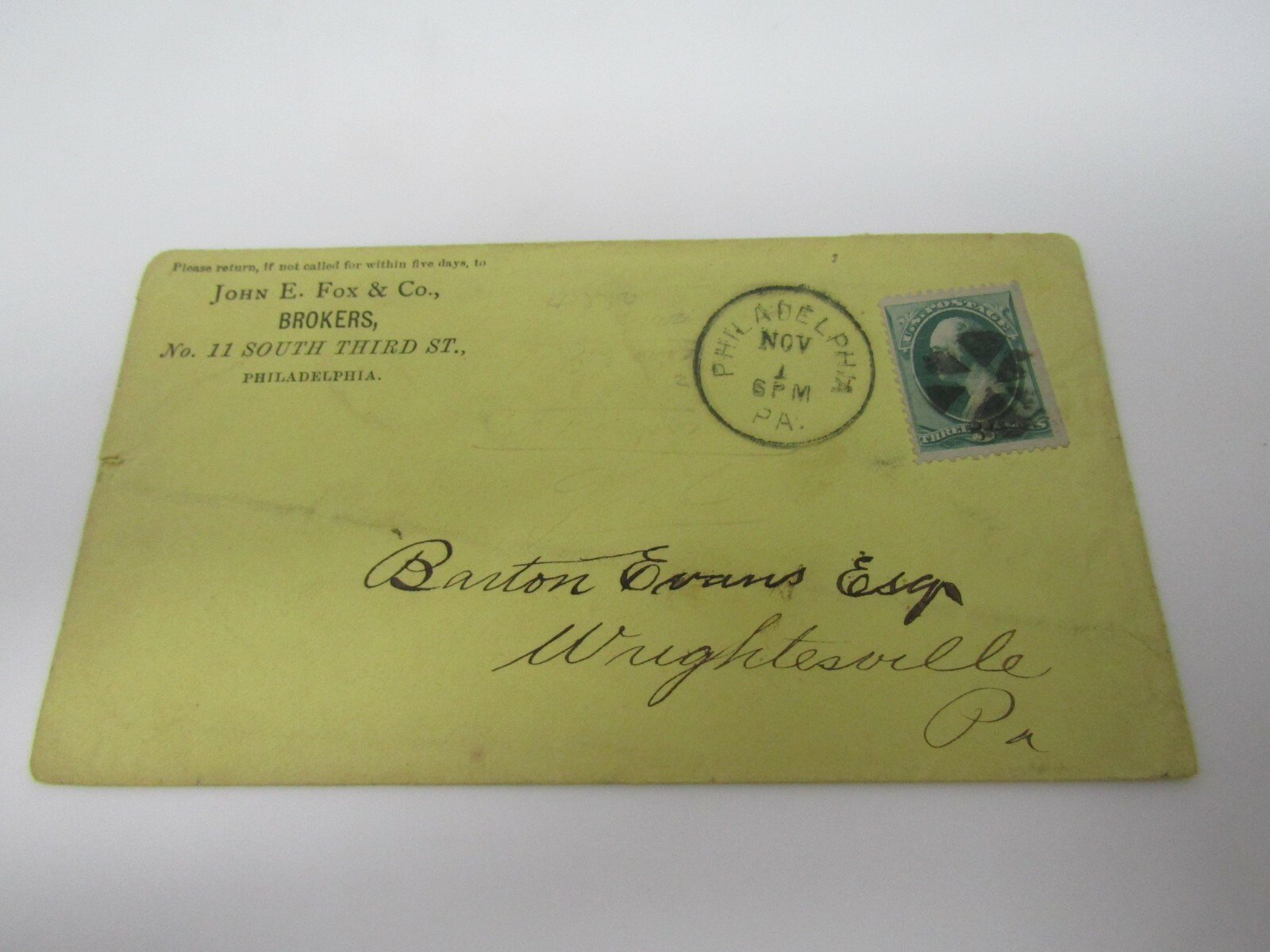 John E. Fox & Co Brokers Philadelphia PA 1900s Envelope Stamp Postal History