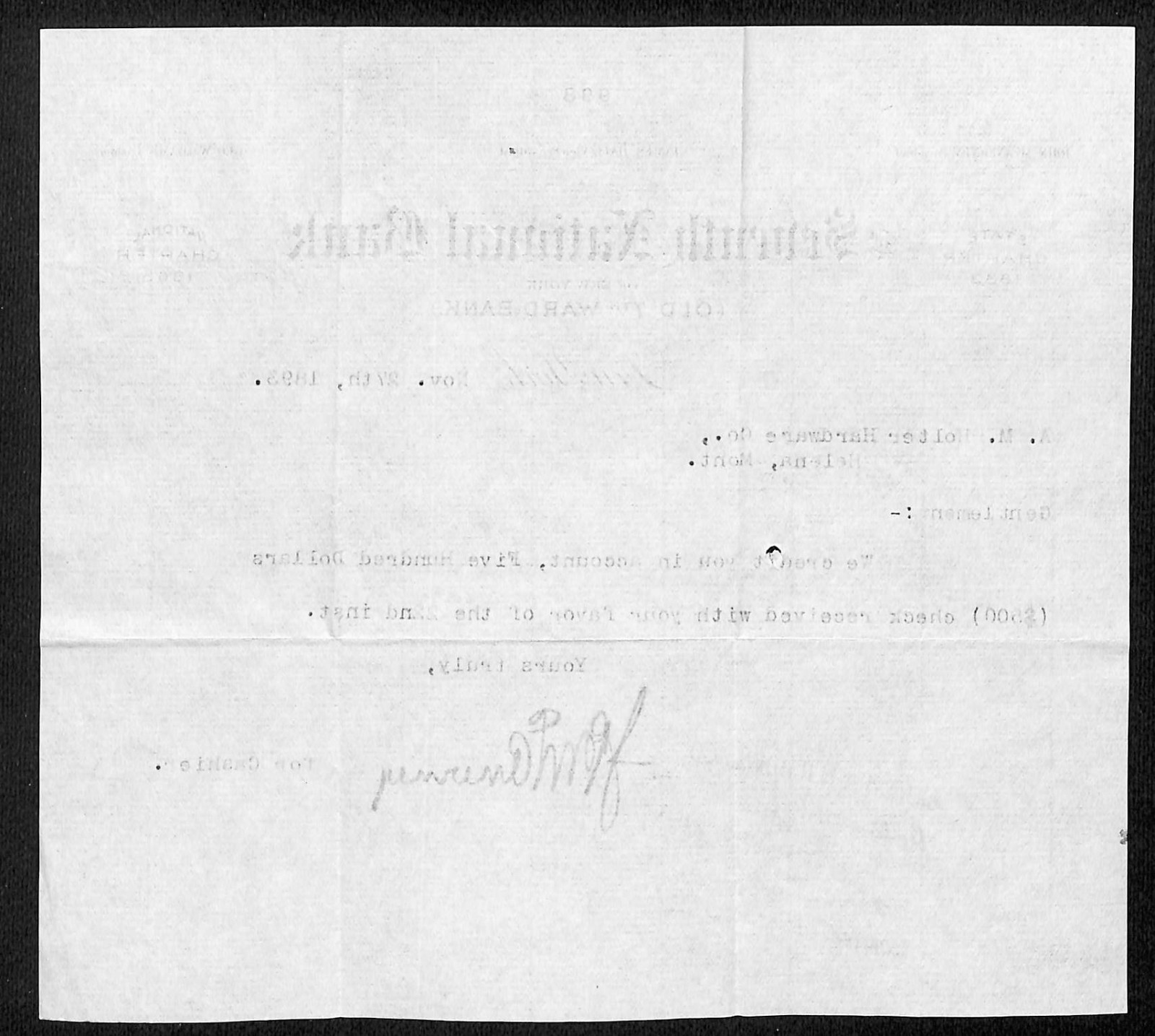 Seventh National Bank New York 1893 TLS Receipt Letterhead A.M. Holter* (#6)