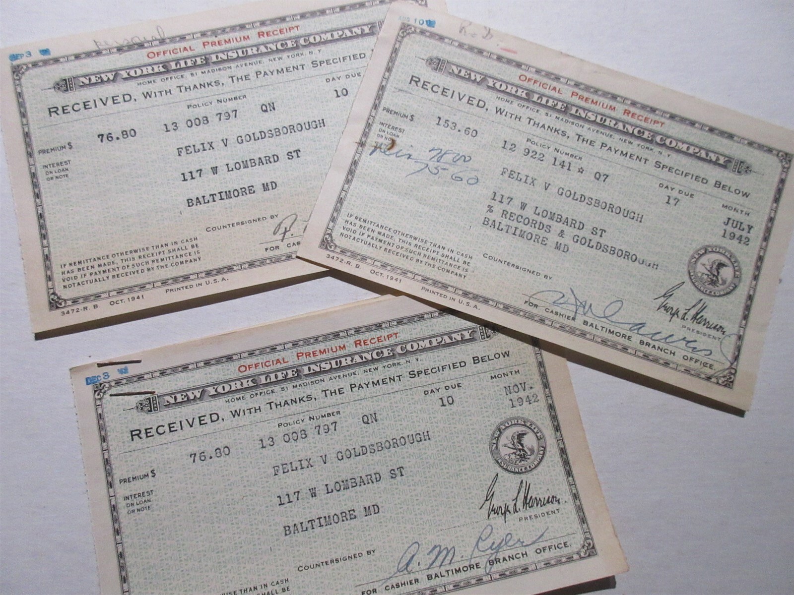 lot of 1942 New York Insurance Company Premium Receipts