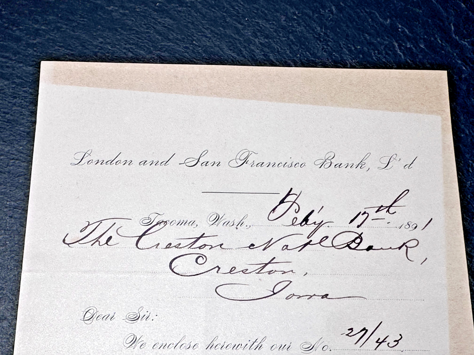 1891 LONDON & SAN FRANCISCO BANK TACOMA, WA TRANSFER & CORRESONDENCE CRESTON IA