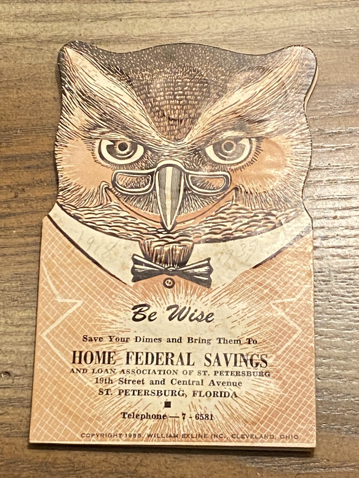 1955 Creepy Owl “Be Wise” Dime Saver Home Federal Savings St. Petersburg, FL