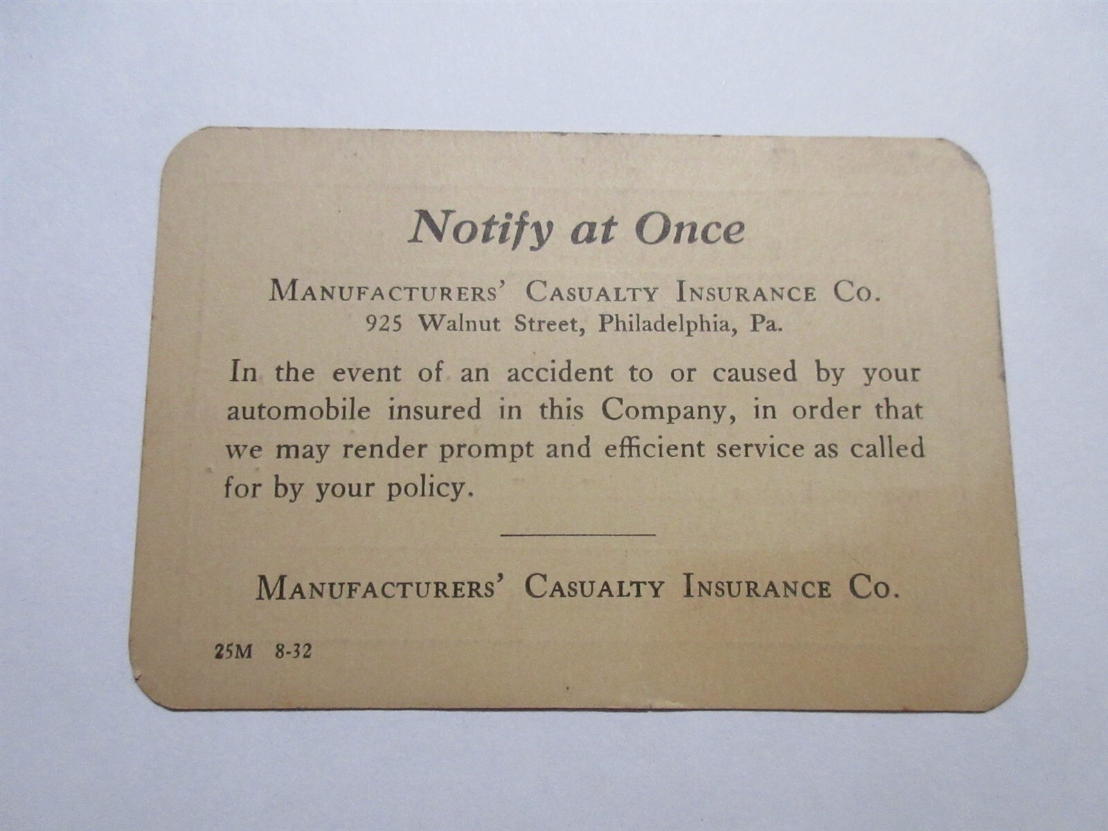 Manufacturers Casualty Insurance Co. Identification Card 1933 New Jersey