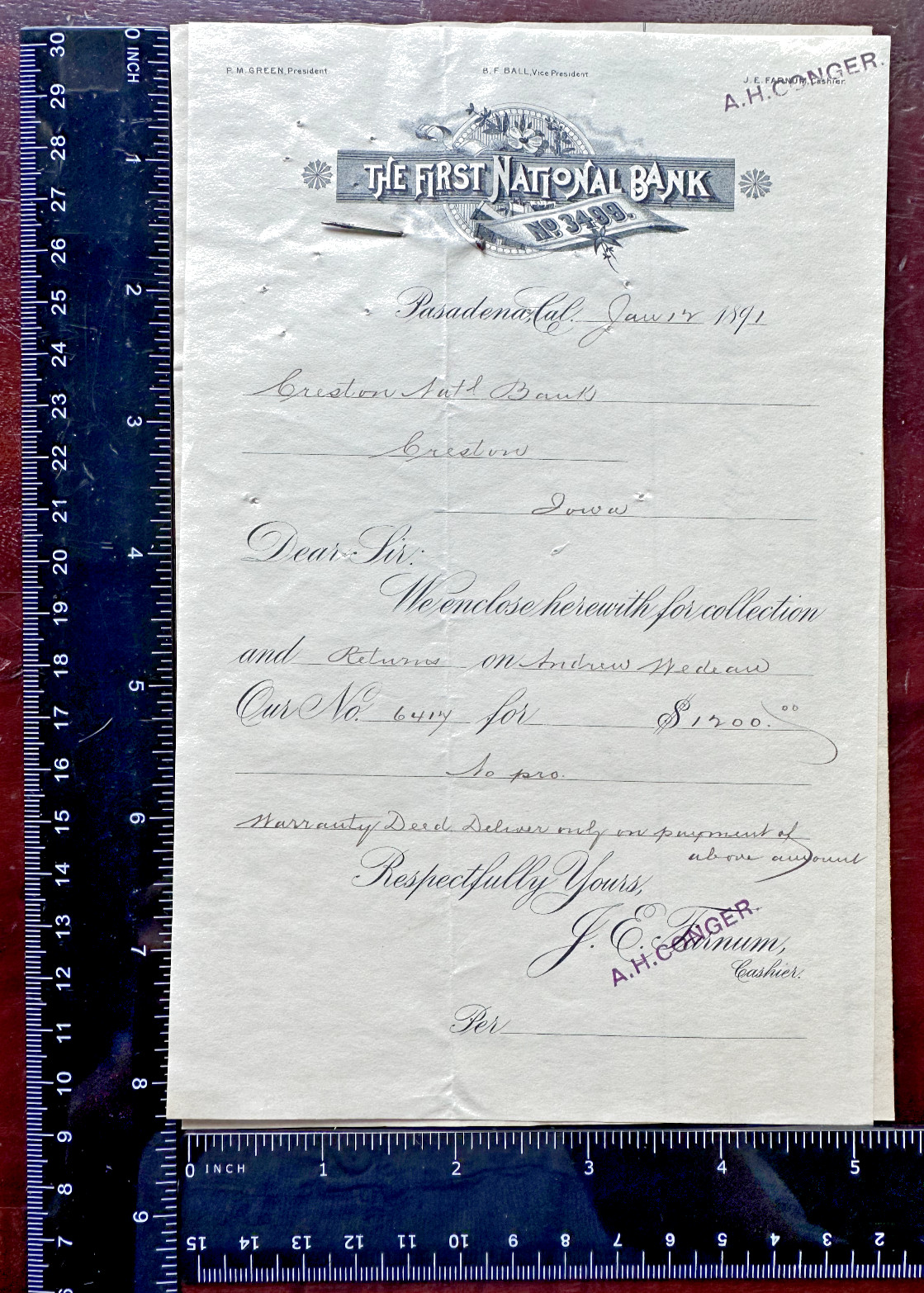1891 FIRST NATIONAL BANK PASADENA, CA + CRESTON NATIONAL BANK IA BANK DOCUMENTS