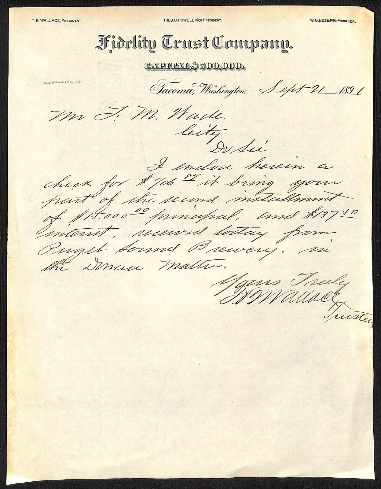 1891 Fidelity Trust Company Tacoma, WA ALS Letterhead re: Payment w/ Interest