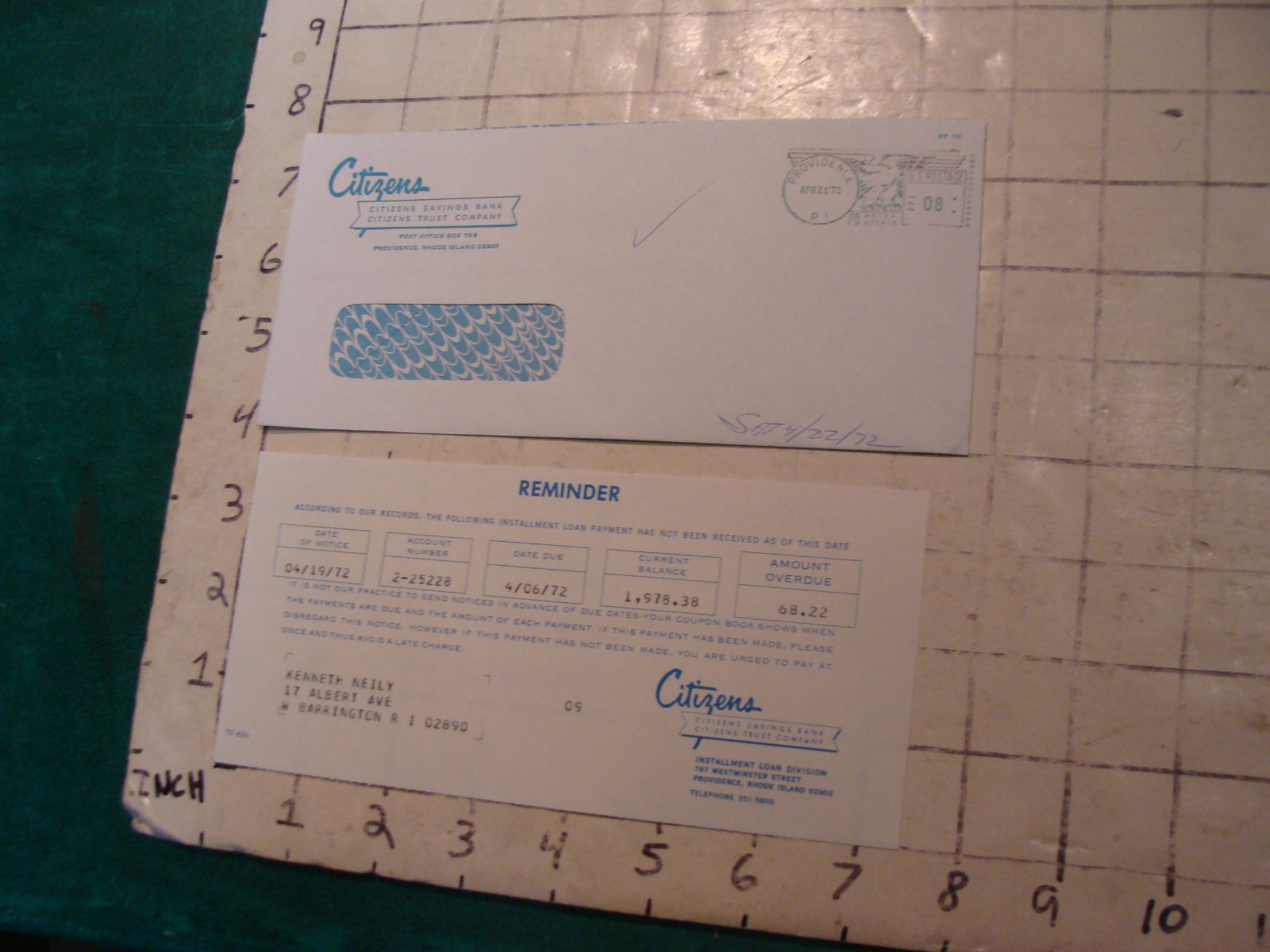 HIGH GRADE vintage paper: CITIZENS BANK reminder amount OVERDUE 1972