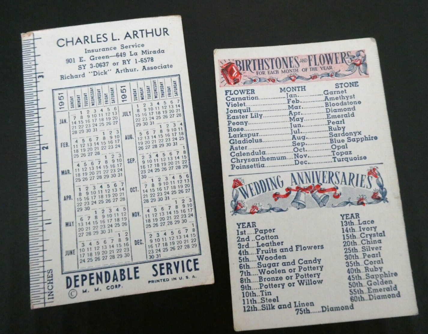 Lot of 2 Vtg 1948 & 1951 Charles Arthur Ins La Mirada CA Pocket Calendar