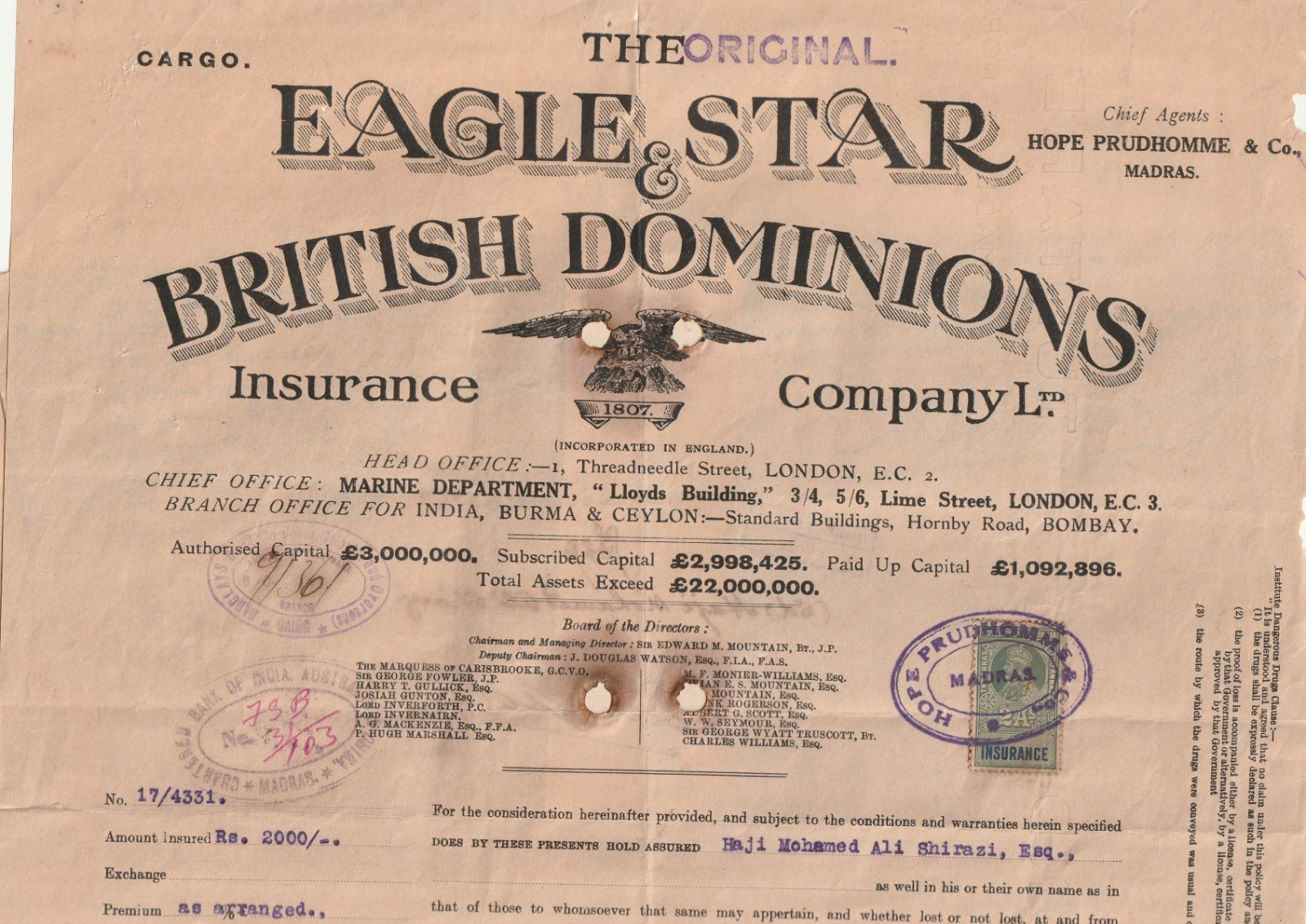 INDIA-ENGLAND Rare Insurance Policy Tied KGV British Colony Stamp 2A. 1930