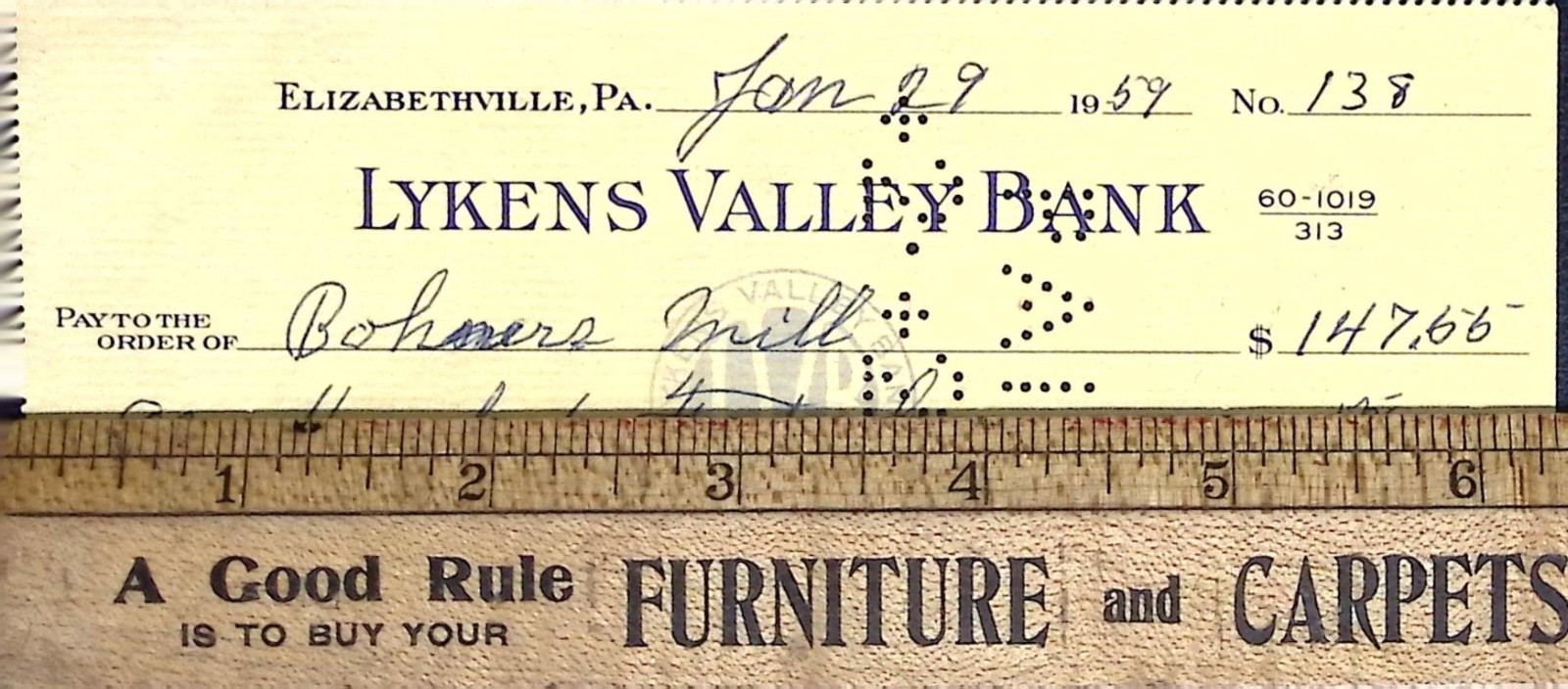 1959 Lykens Valley Bank Canceled Check With Punch Coding Vintage Ephemera