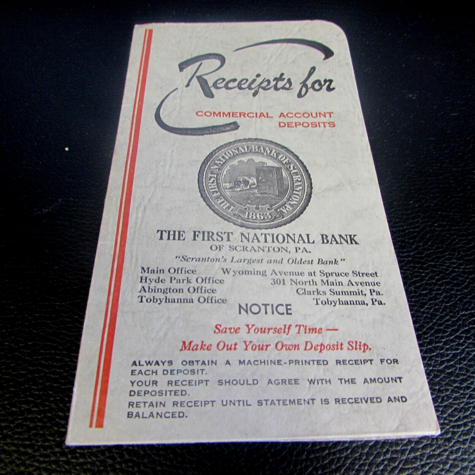 VINTAGE – THE FIRST NATIONAL BANK OF SCRANTON PA – POCKET RECEIPT FOLDER – (C1)