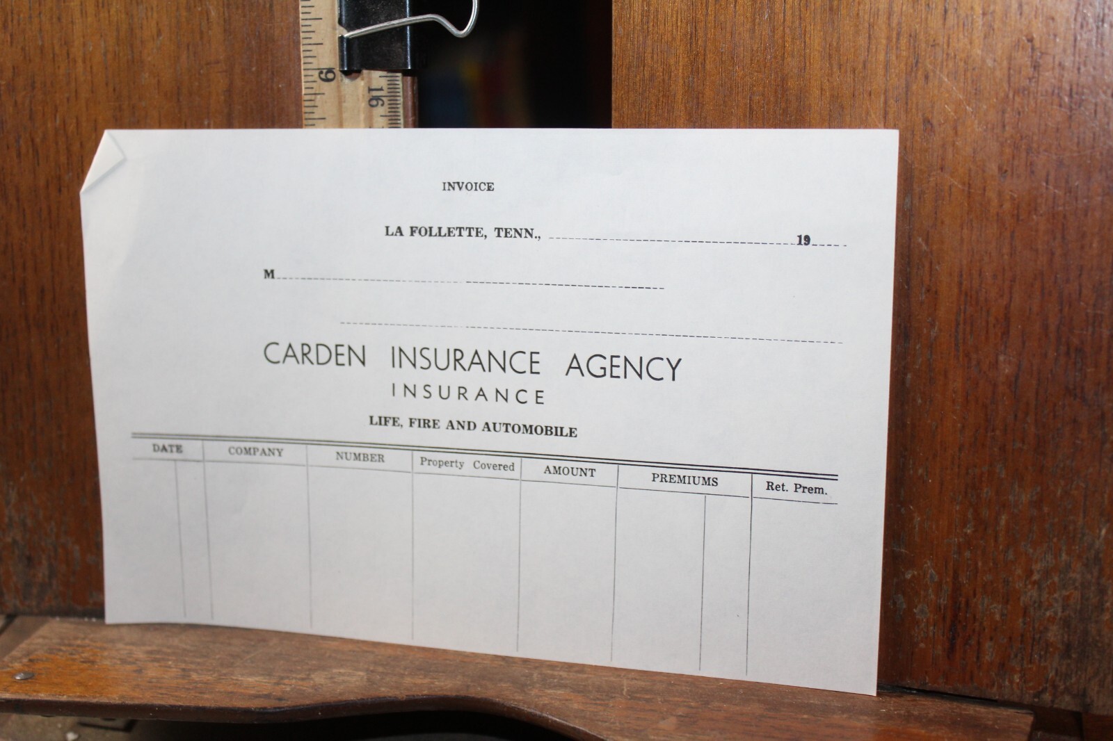 Vintage 1960’s Invoice Carden Insurance Agency LaFollette TN