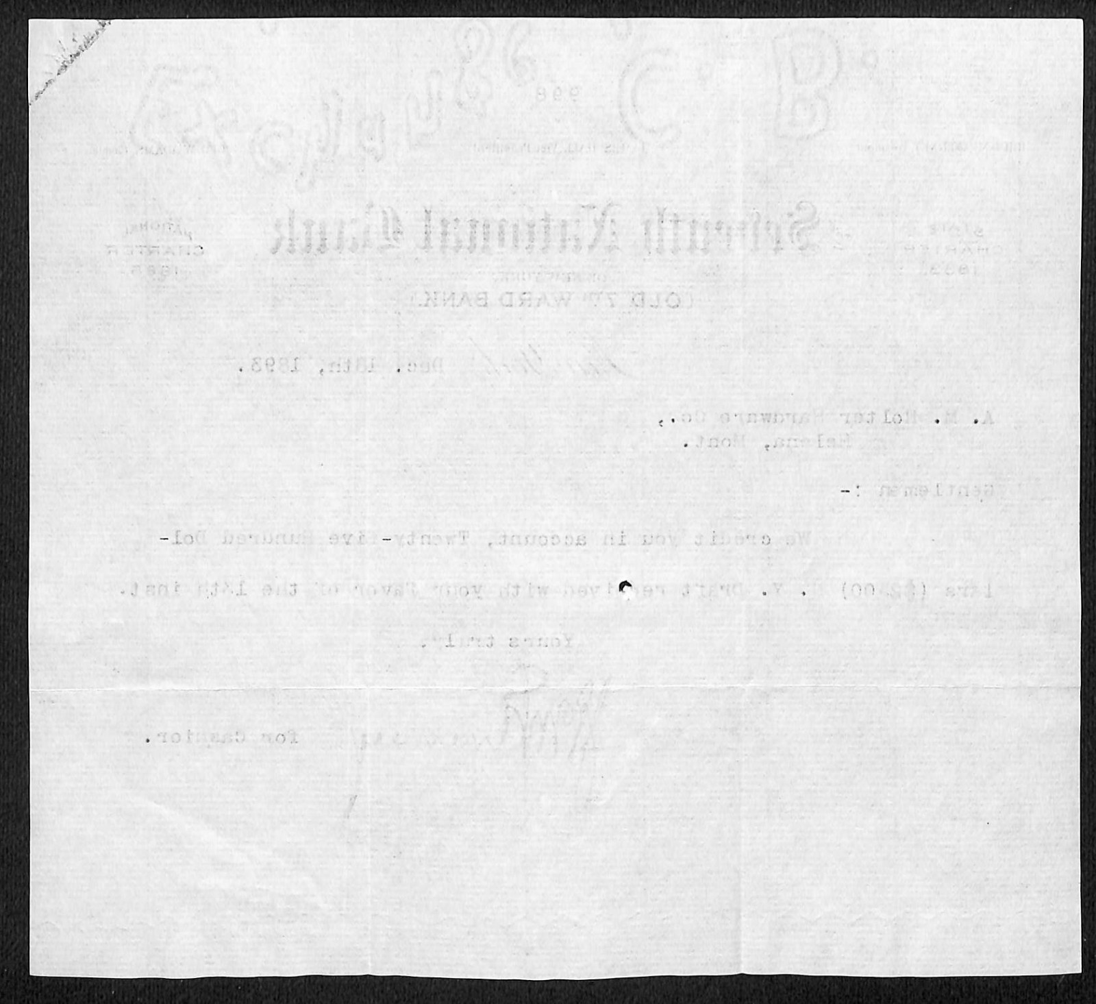 Seventh National Bank New York 1893 TLS Receipt Letterhead A.M. Holter* (#21)