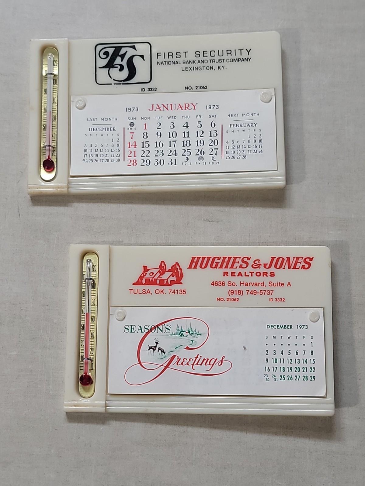 2 VTG Advertising Thermometer Calendars First Security Bank KY Tulsa OK Realtors
