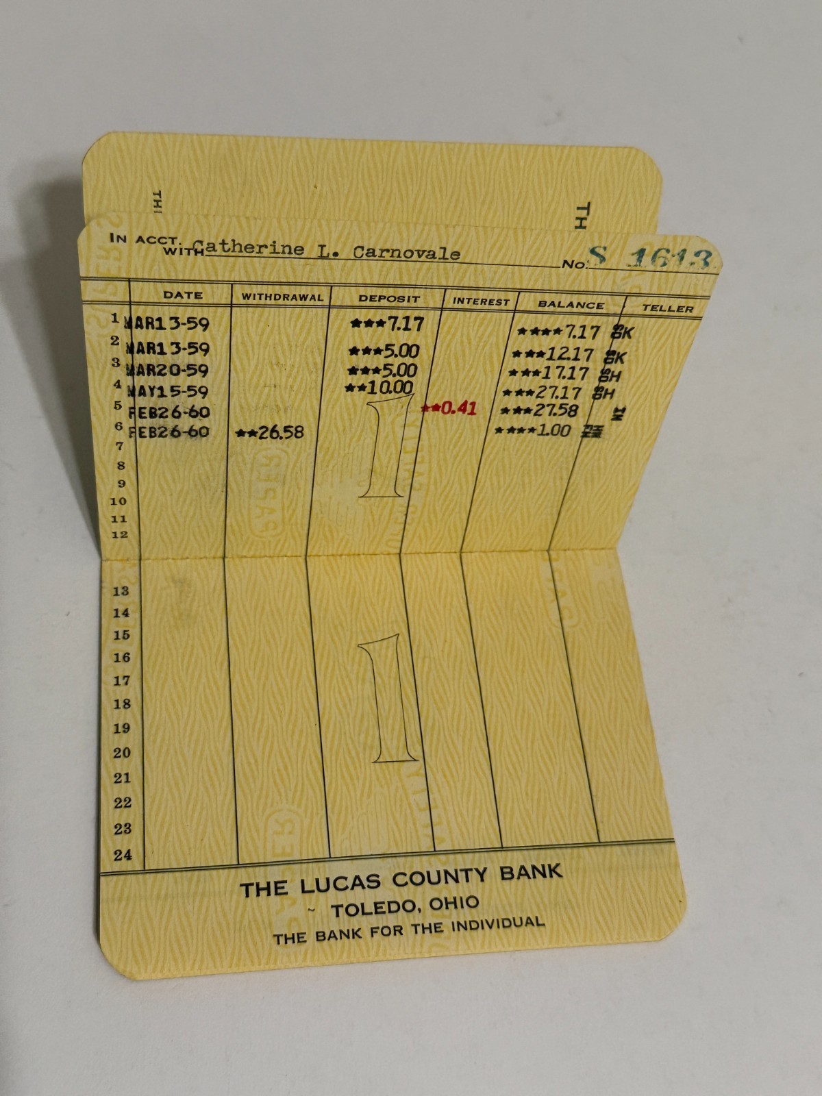 1950s – 1960s Lucas County Toledo Ohio Bank Account Book