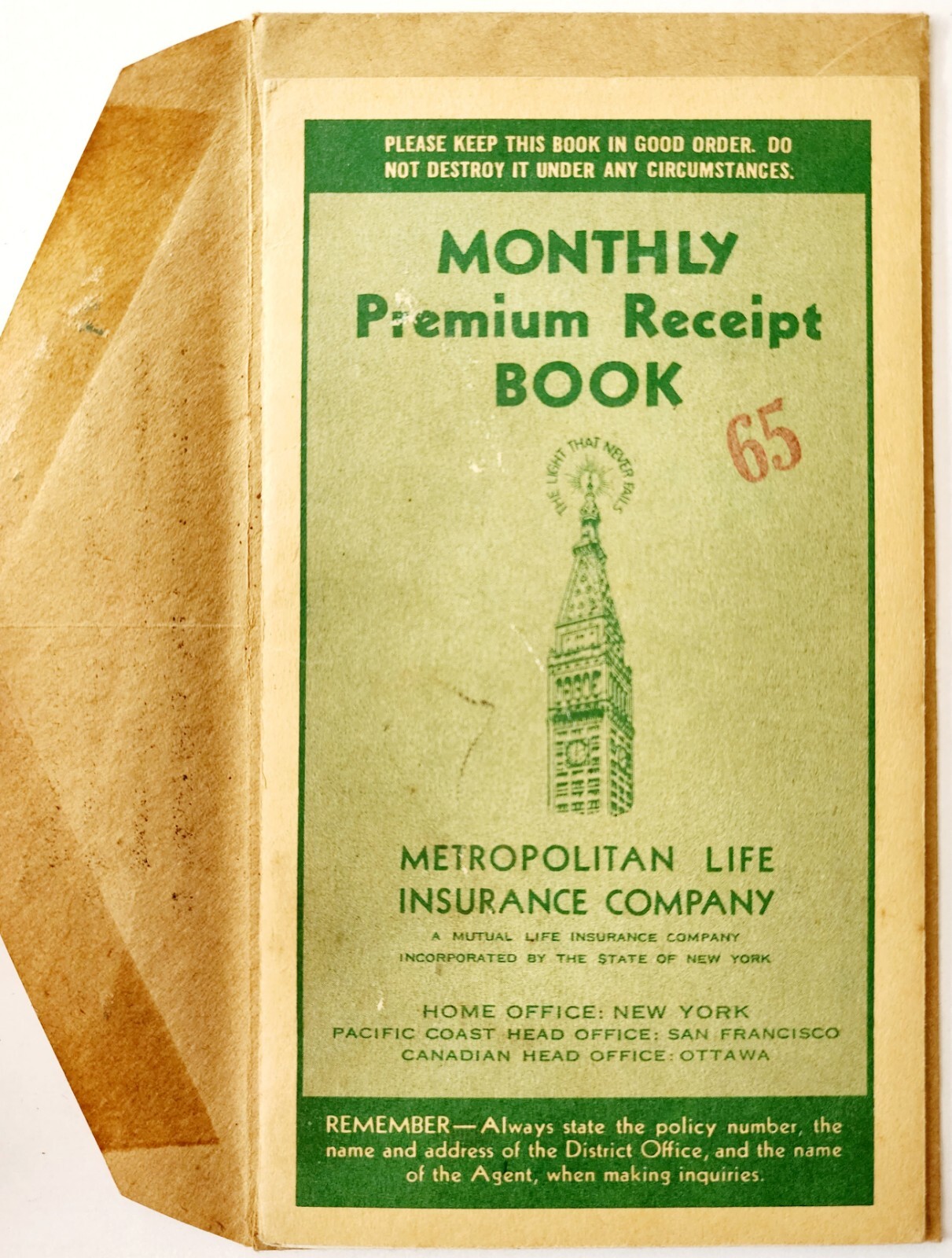 1940s Metropolitan Life Insurance Co Receipt Book Augusta Maine Booklet E85G