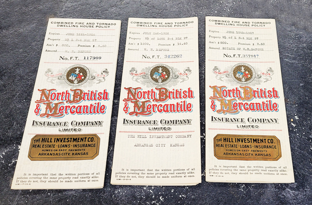 1920 Era North British & Mercantile Home Insurance Policies Arkansas City Kansas