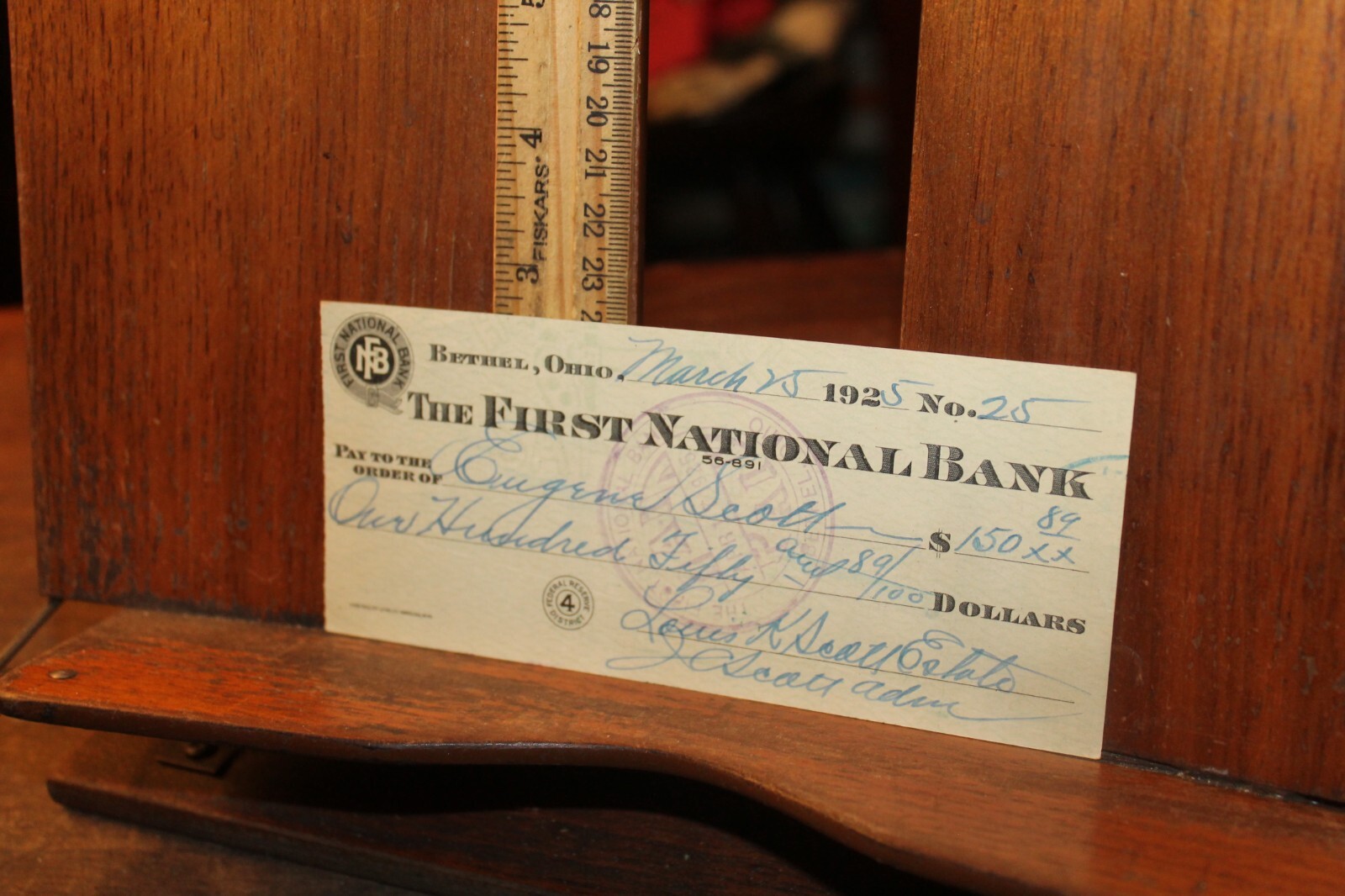 Antique 1925 Bethel Ohio First National Bank Ohio Cancelled Check