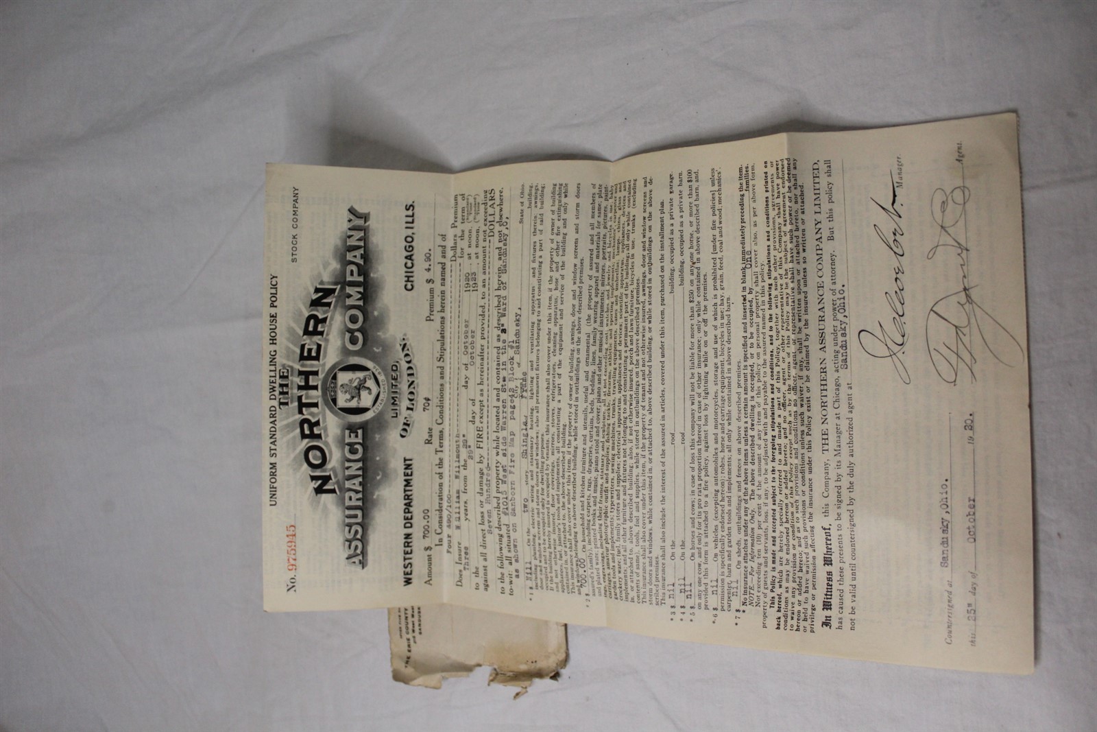 1920 Insurance Policy The Northern Assurance Co w/ Original Envelope Antique