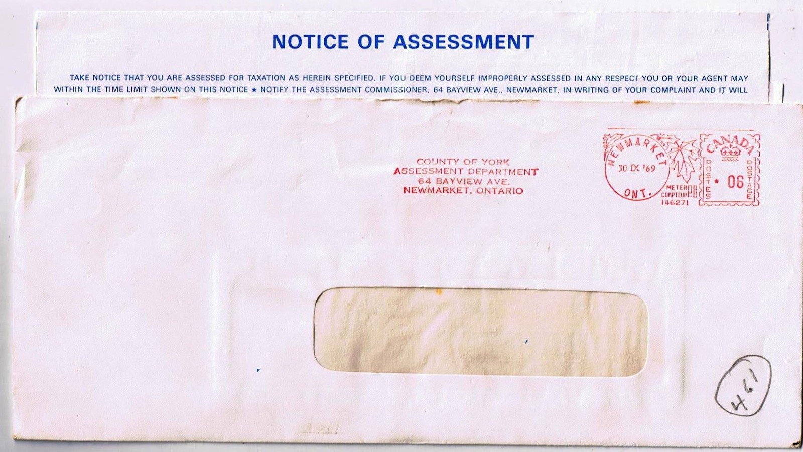 Canada Letter Cover Town Of Newmarket Tax Assessment 1969