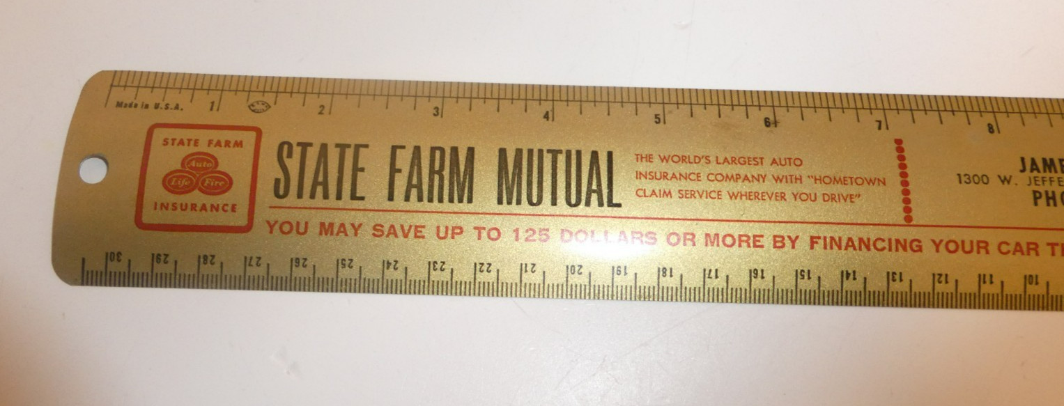 VTG 1950’s Metal State Farm Mutual Bank Plan 12″ Ruler Joliet, IL James R. Lacy