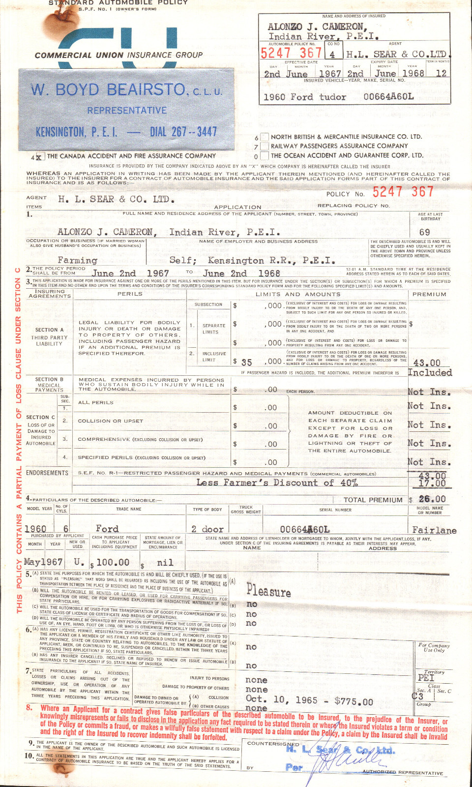 Obsolete Commercial Union Group of Insurance Companies Automobile Policy PEI