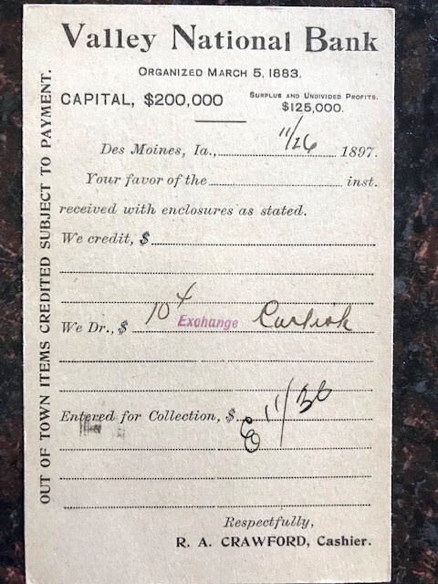 Antique postcard “Valley National Bank” Des Moines, IA for deposit receipt 1897