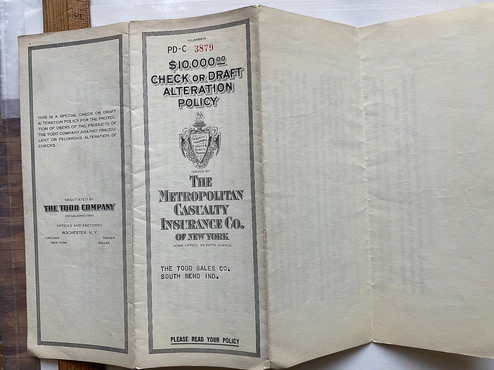 1925 Check/Draft Alteration Insurance Policy. NJ, IN & IL Railroad. South Bend