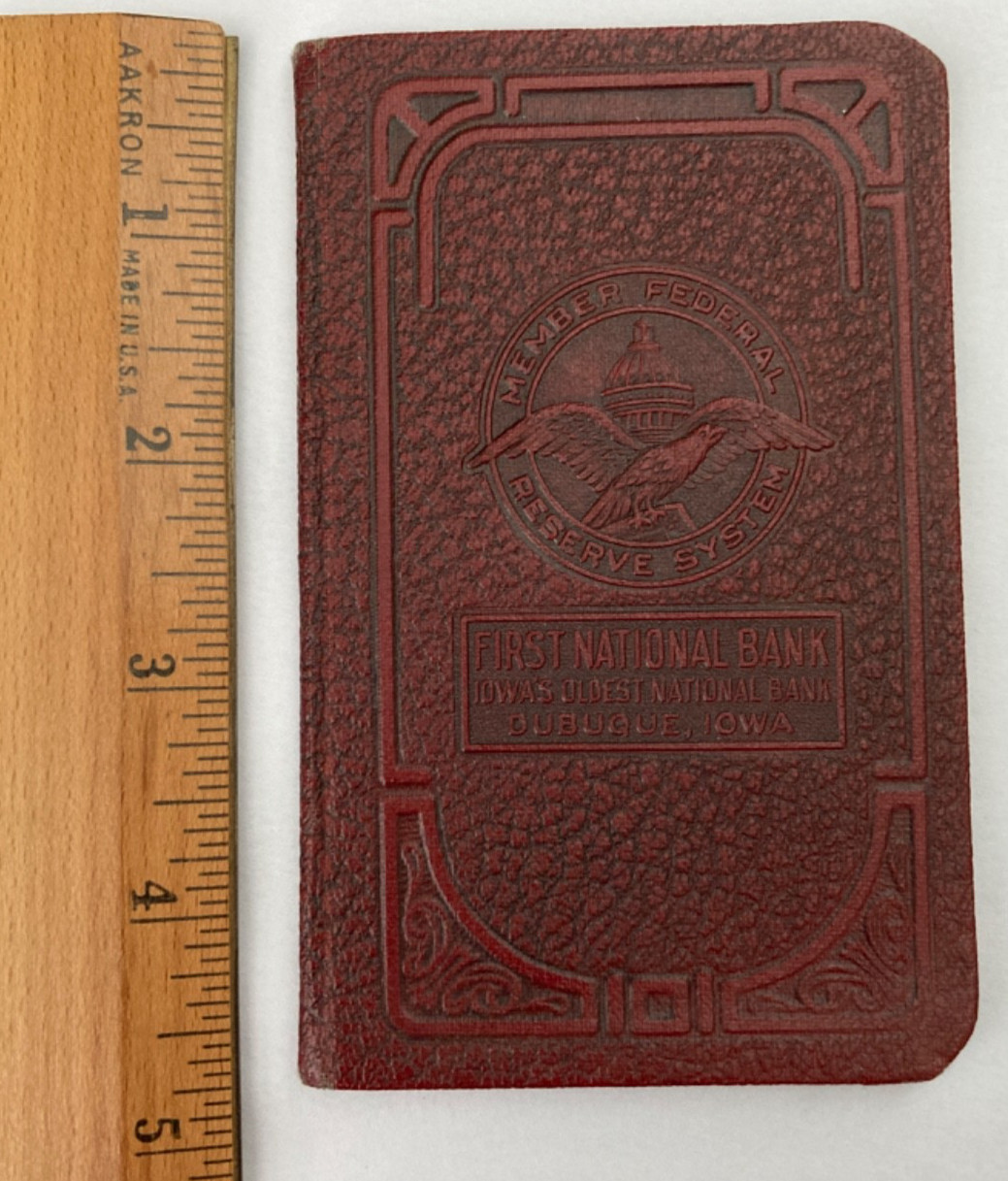 2 First National Bank Account Passbooks Dubuque, Iowa Red Leather 1948-1953