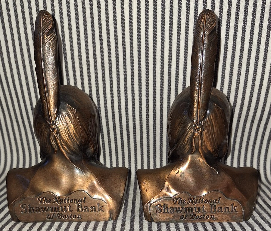 LOT OF 2 SET VTG SHAWMUT BANK OF BOSTON NATIVE AMERICAN INDIAN BOOKENDS BANKS