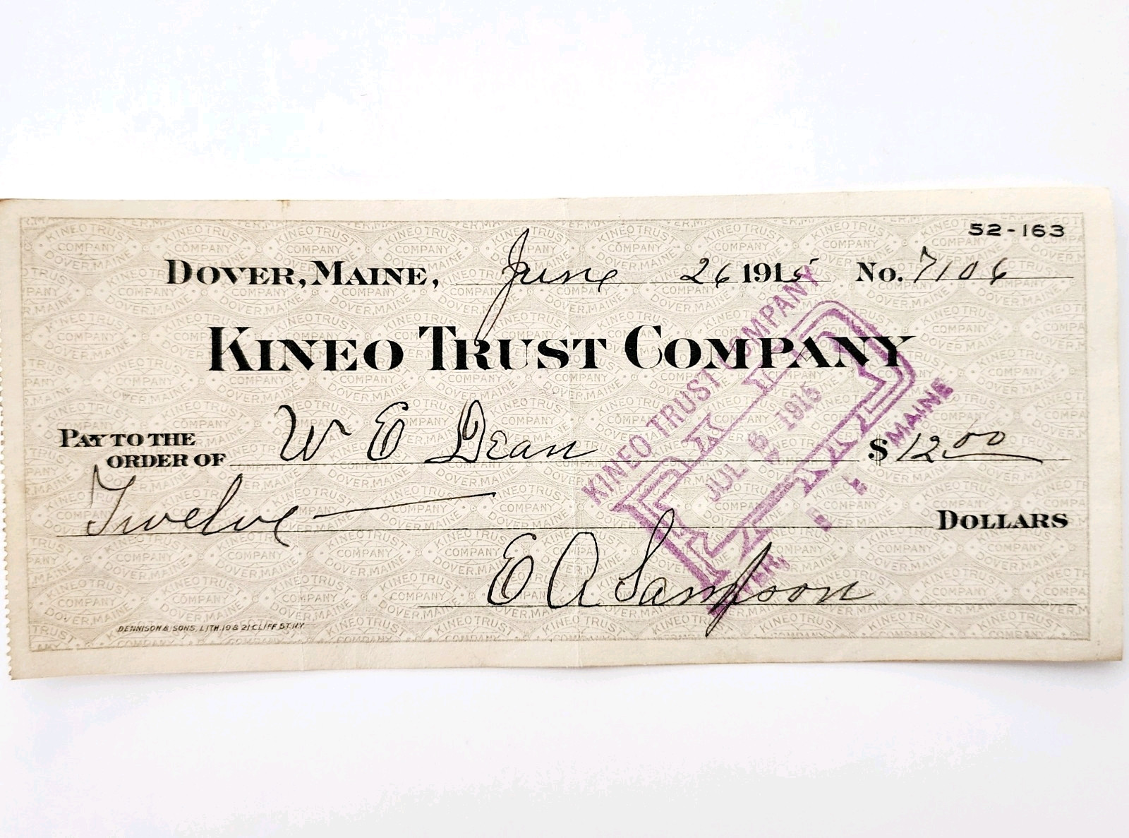 1915 Kineo Trust Company Bank Check E.A. Sampson Dover Maine Signed 7106 CHX13