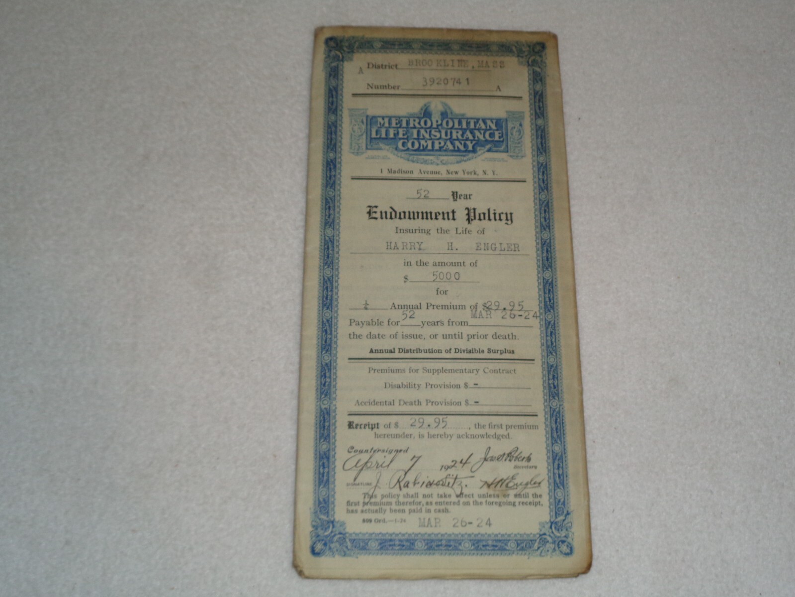 1924 Metropolitan Life Insurance Company 52 Year Endowment Policy Brookline MA