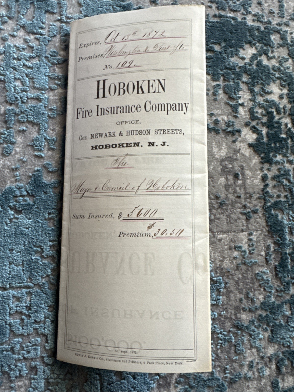 Vintage Hoboken Fire Insurance Co Policy 1872 Ephemera