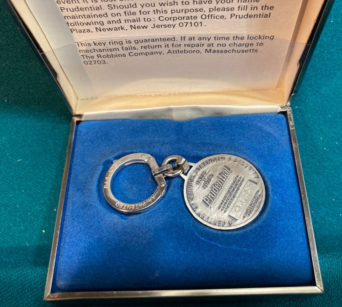 1975 Prudential Insurance 100th Anniversary Sterling Silver Keychain With Box