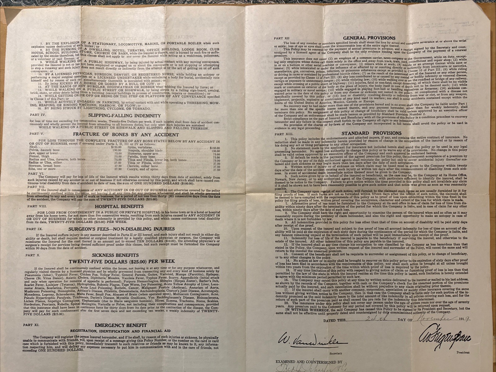 1919 Commercial Casualty Insurance Company Policy Document Newark New Jersey