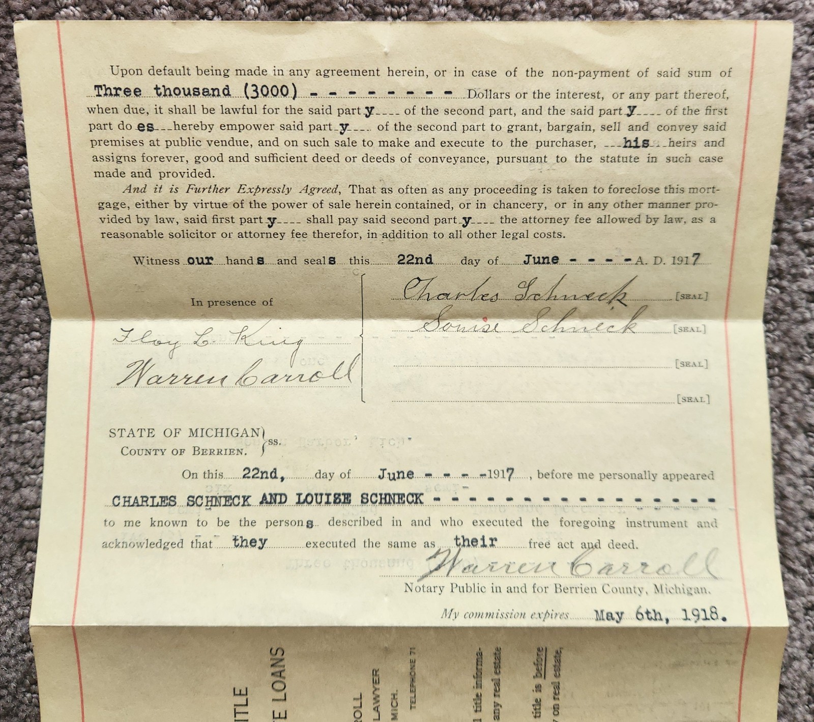 Antique 1917 Mortgage Deed Charles Schneck to A. Goldbaum Benton Harbor Mich