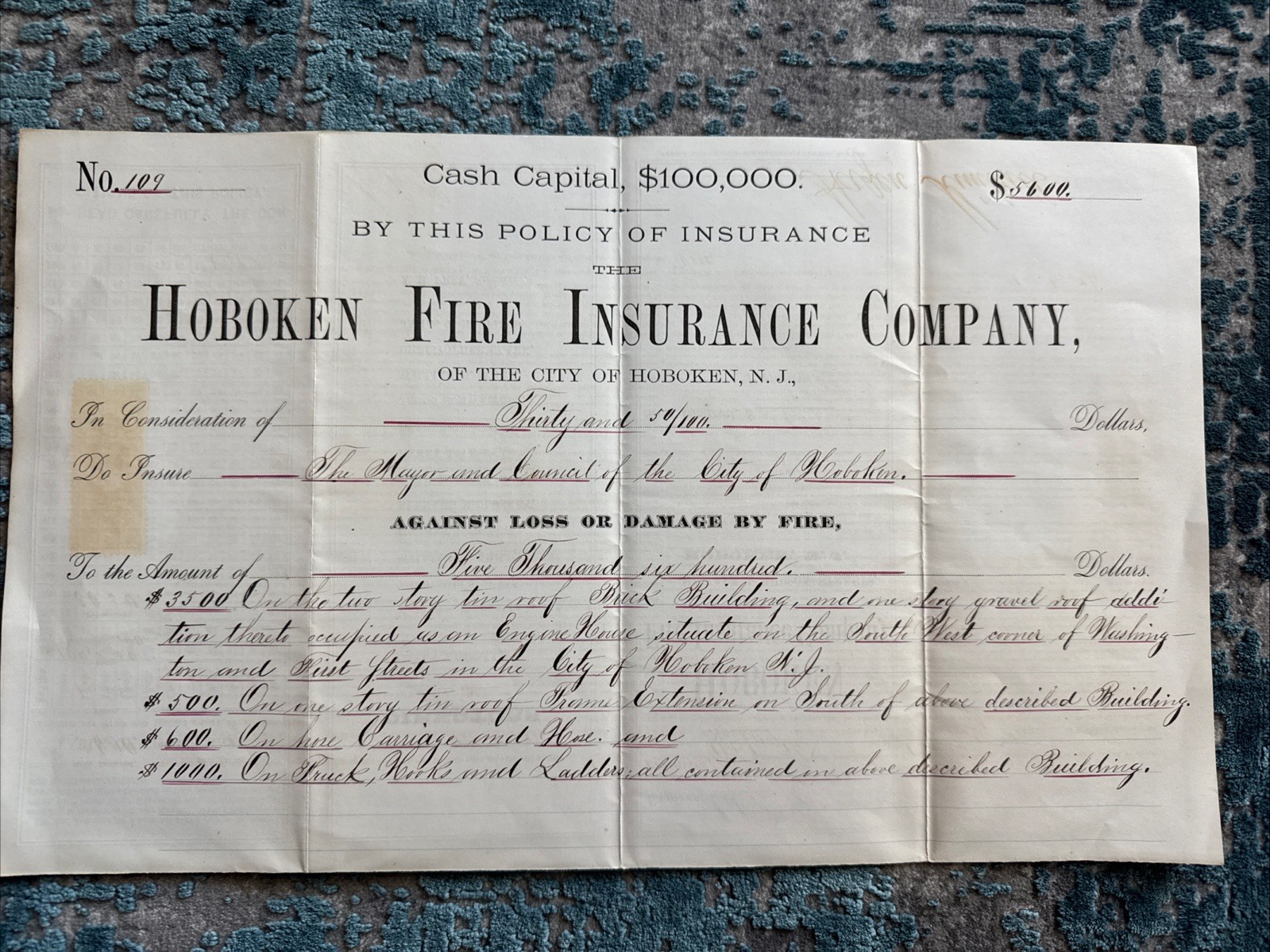 Vintage Hoboken Fire Insurance Co Policy 1872 Ephemera