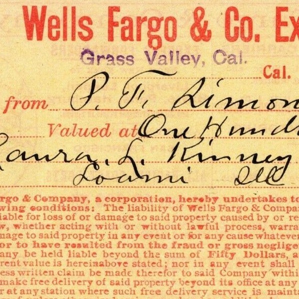 11/ 10 1908 Wells Fargo & Co Express – Grass Valley CA – $104.18 Money Receipt