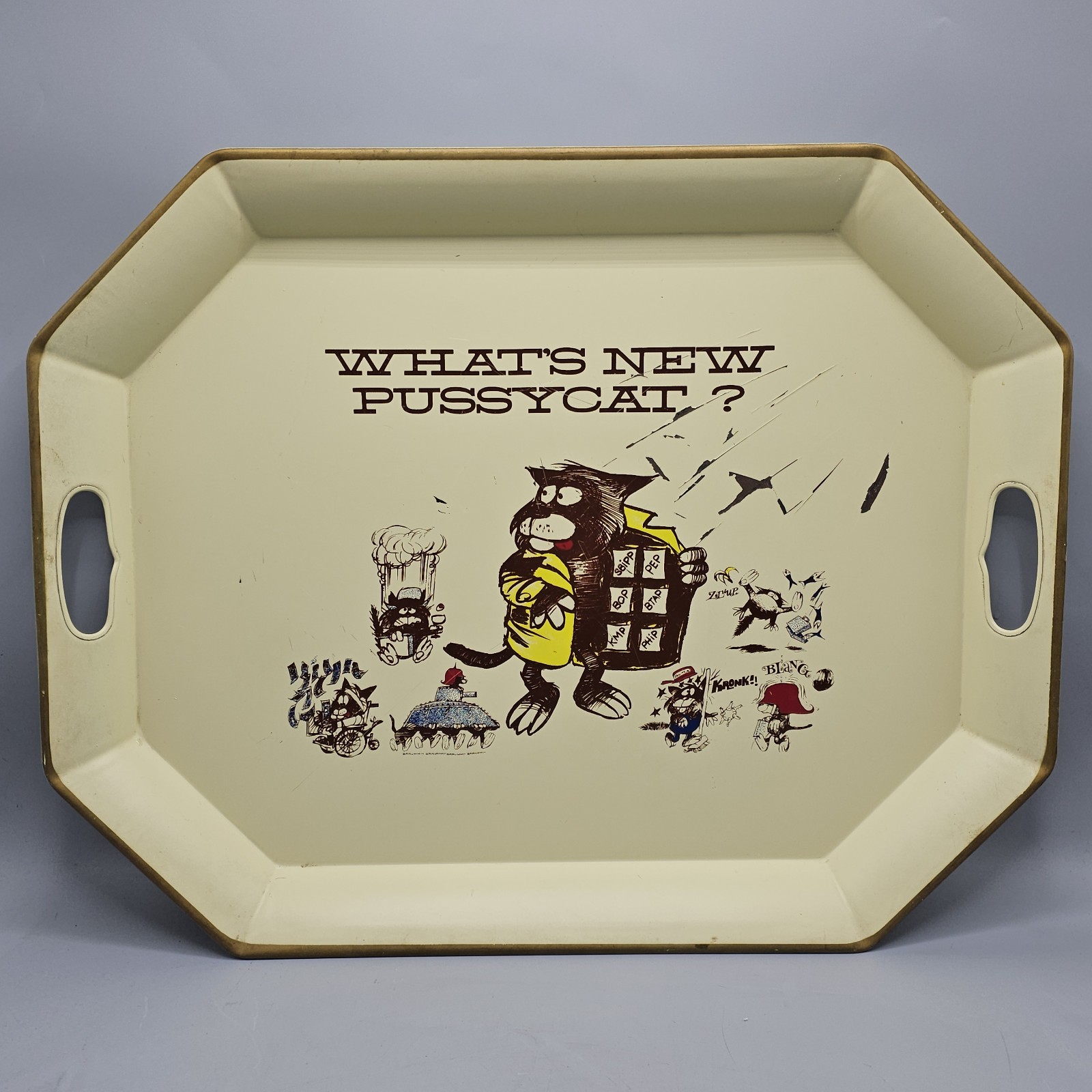 Mid Century What’s New Pussycat? Aetna Enamel Tray Cottage Grandma Folkart 1966