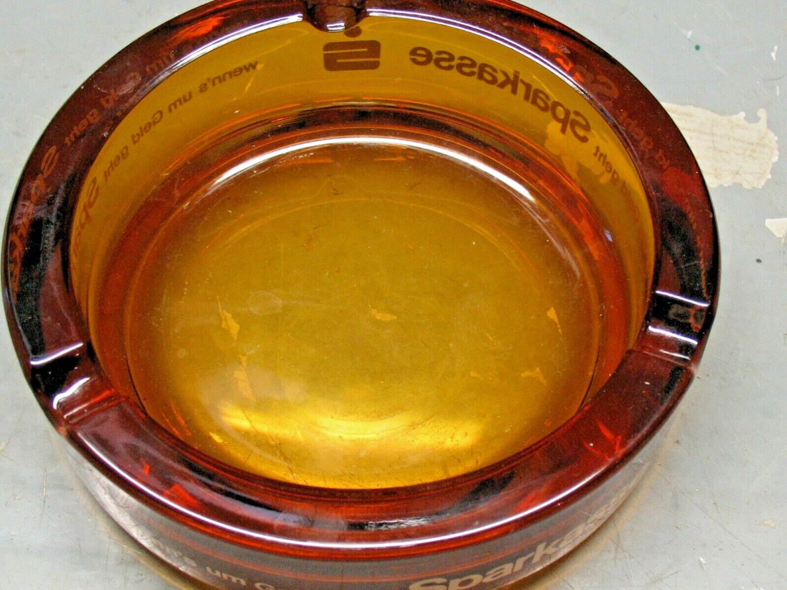 SPARKASSE SAVINGS BANK ASHTRAY AMBER GLASS 5 & 3/4” HEAVY LOVELY MINT